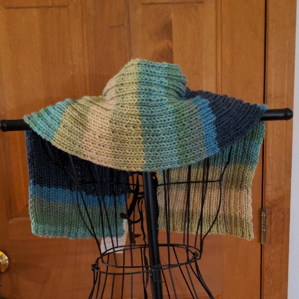 Handmade Knitted Scarf Cape in Blue and Green Tones 2 Black Velvet Ribbons - Picture 2 of 9